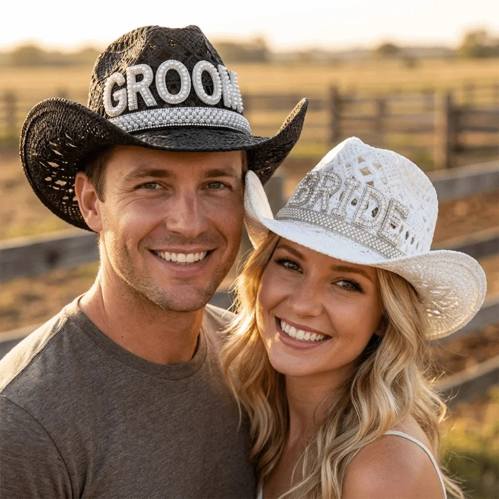 Rhinestone Letter Bride Groom Cowboy Hat Hollow Wide Brim Cowgirl Hat Crochet Western Cowboy Hat For Wedding Bachelorette Party Oasis Select