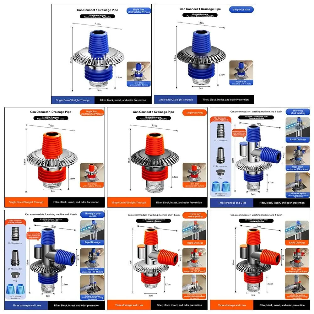 Anti-Odor Floor Drain Connector | Multi-Port Hose Adapter
