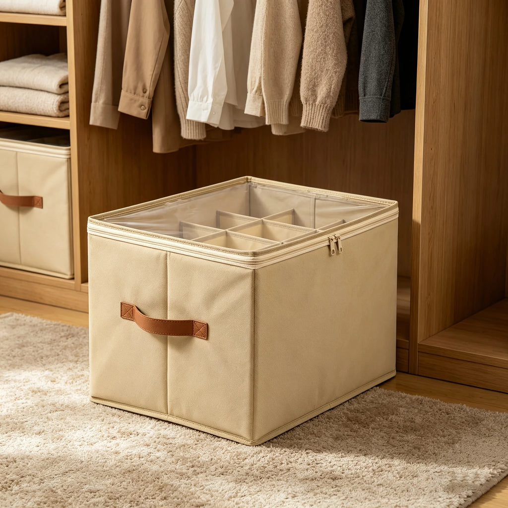 1pc Foldable Shoe Storage Organizer with Clear Window, 12-Grid Shoe Box with Handle,Space-Saving Closet Shoe Container,Organizer Oasis Select Beige