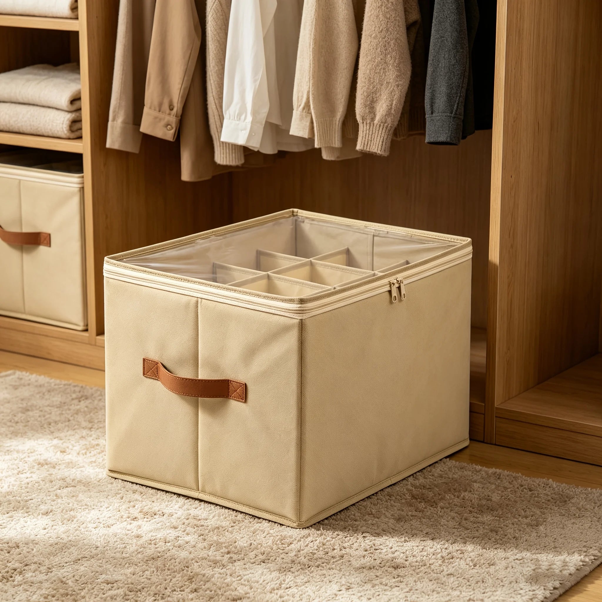 1pc Foldable Shoe Storage Organizer with Clear Window, 12-Grid Shoe Box with Handle,Space-Saving Closet Shoe Container,Organizer Oasis Select Beige