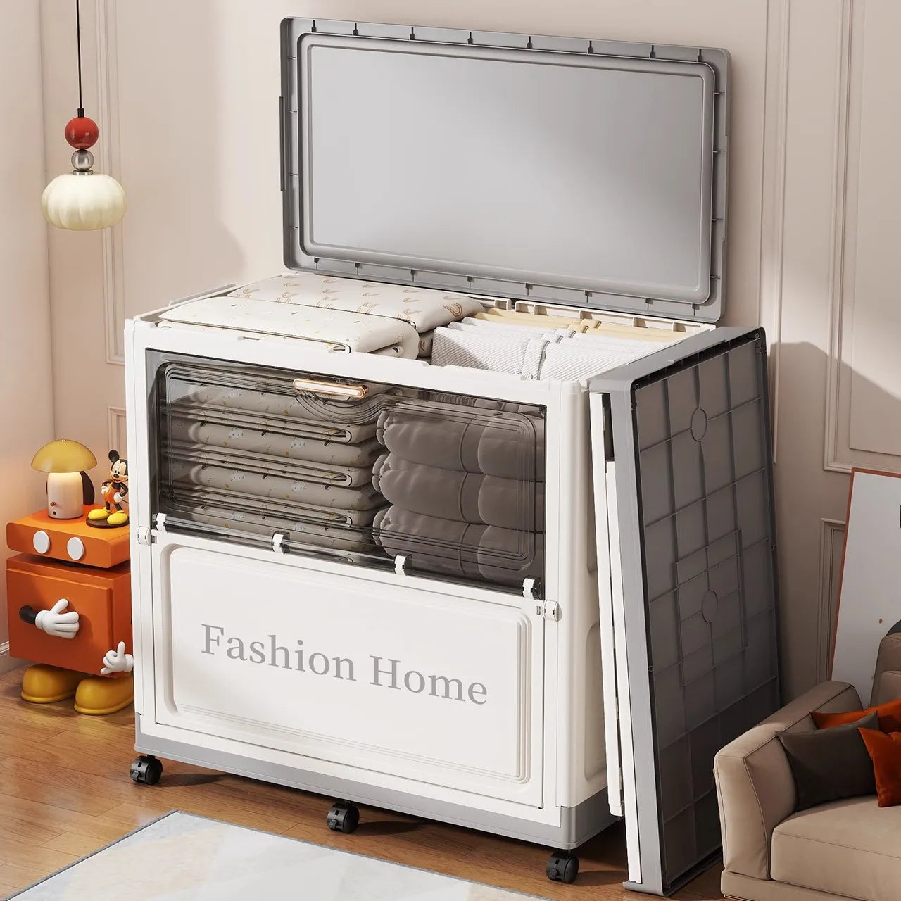 77cm Foldable Storage Bin, Large Capacity Organizer with Rolling Wheels, Collapsible Space-Saving for Clothes/Quilts, Bedroom Oasis Select