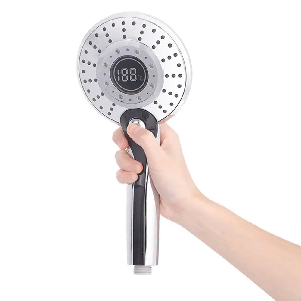 LED Shower Head Digital 3 Modes Adjust Temperature Sensor Hand Held Bathroom ABS Shower Head High Pressure Water Saving Faucet Oasis Select Silver Shower head