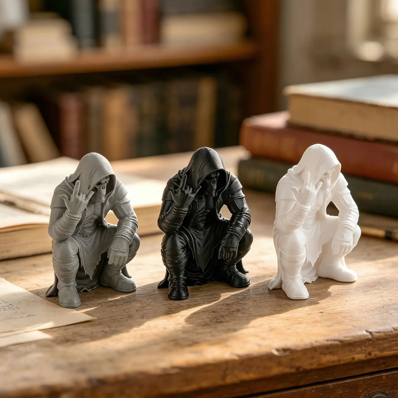 Creativity Hooded Skull Figurine Ornaments Squatting Gothic Grim Reaper Statue Handicraft Desktop Ornament for Home Office Decor Oasis Select