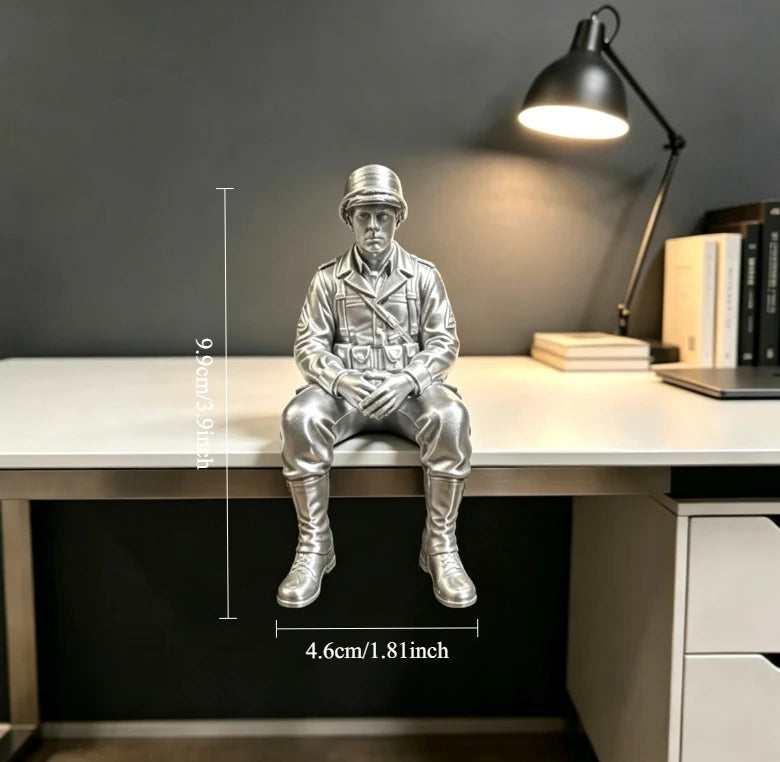 Retro Army Man Sitting Posture Figurine Shelf Decor Helmet Soldier Ornament Military Fan Gifts Minimalist Home Office Desk Decor Oasis Select Soldiers think 1