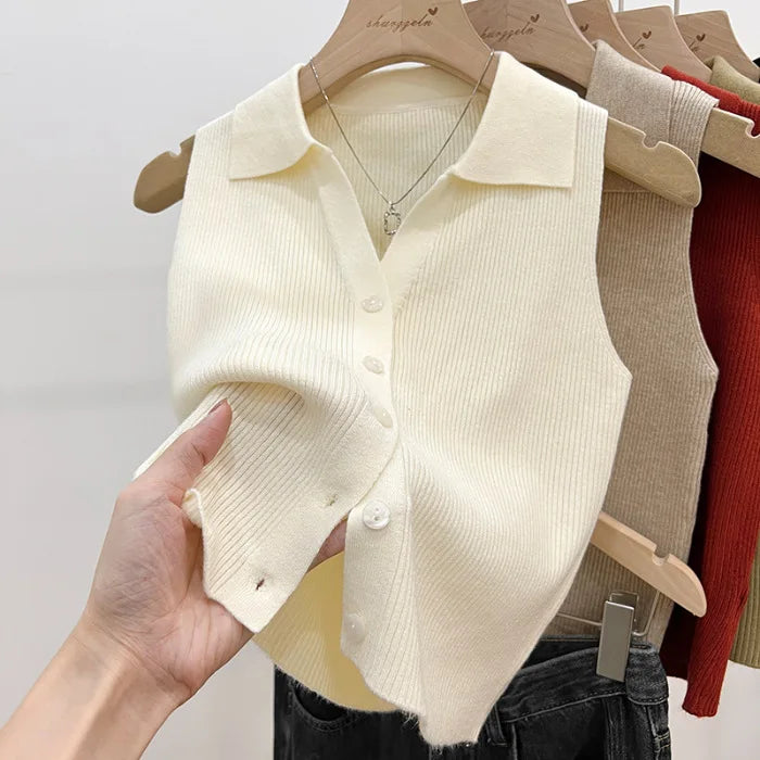 Lapel Ice Silk Slim Fit Vest for Women Summer Early Fall Thin Knit Tank Top Sleeveless Short Sleeve Casual Layering Outwear Oasis Select One Size Apricot