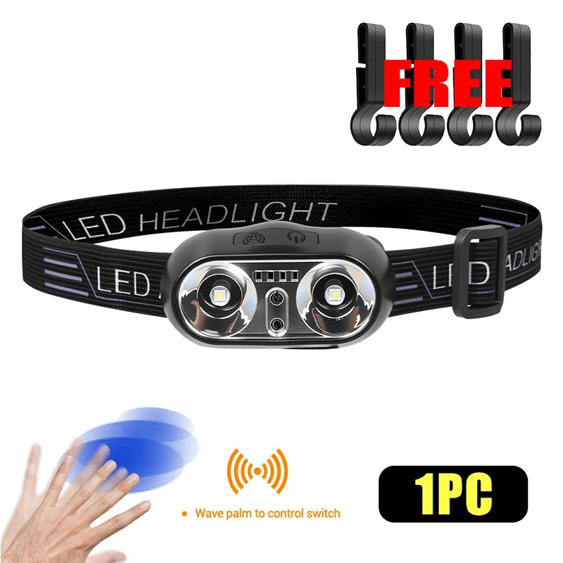 Portable XPE+LED Motion Sensor Headlight Rechargeable HeadLamp Flashlight Front Light for Camping Hiking Emergency Lantern Torch Oasis Select 1PCS-A-clip