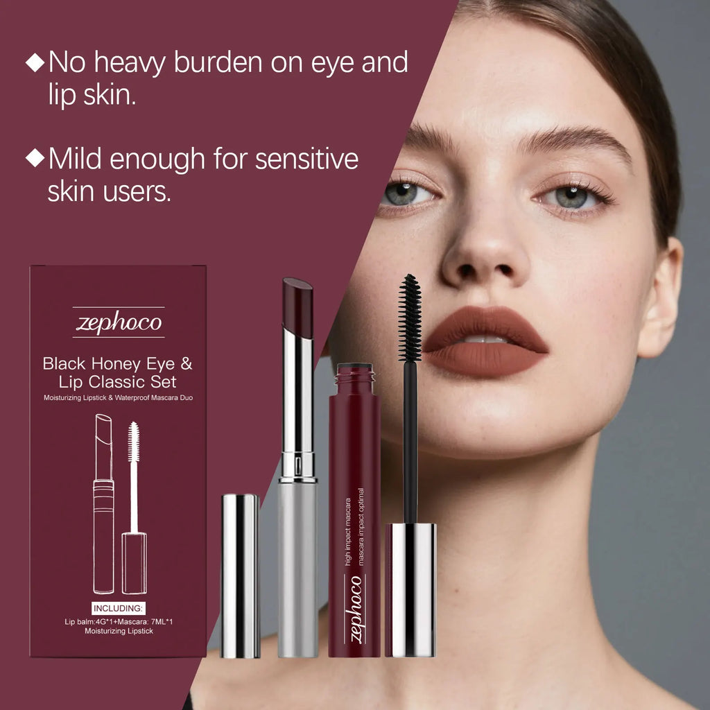 Anti-Fading Black Honey Eye & Lip Classic Set Moisturizing Glossy Plumping Lips Lipstick Eyelashes Curling Makeup Cosmetic Tool Oasis Select