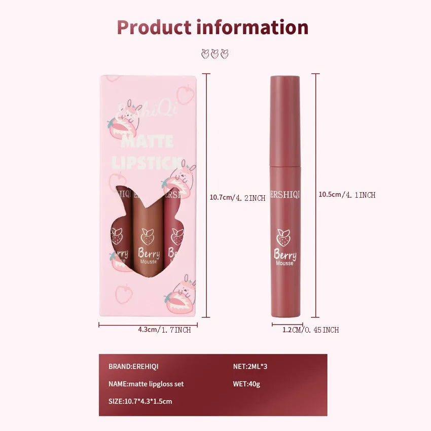 Velvet Matte Lip Glaze Long Lasting Waterproof Nude Lipstick Set 3pcs Silky Smooth Non Stick Lip Gloss Makeup Cosmetics Women Oasis Select