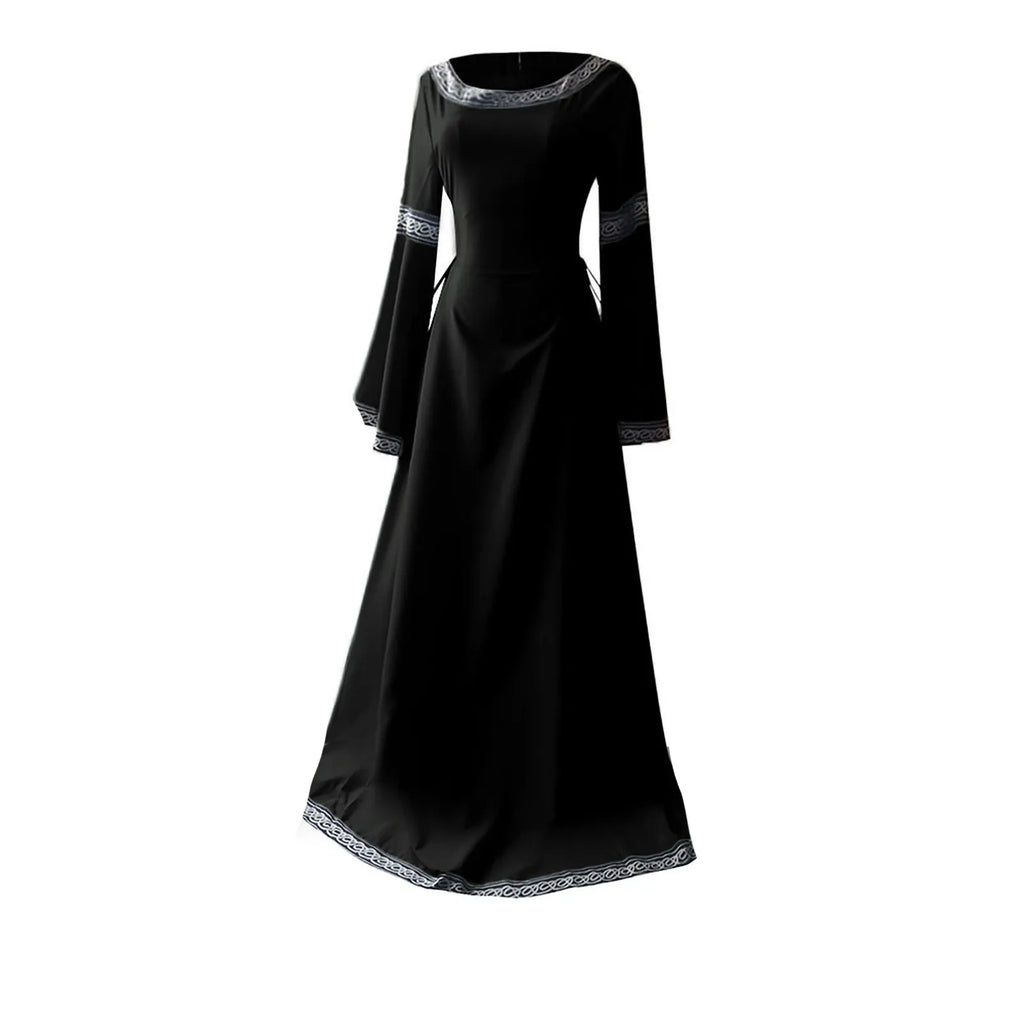 Women's Medieval Renaissance Trumpet Sleeve Lace Maxi Gown Renaissance Costume Dress Oasis Select Black XL