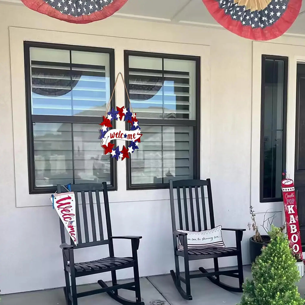 Independence Day Wooden Front Door Welcome Star Garland - Wooden Red, White and Blue Star Sign Door Plate Decoration Oasis Select