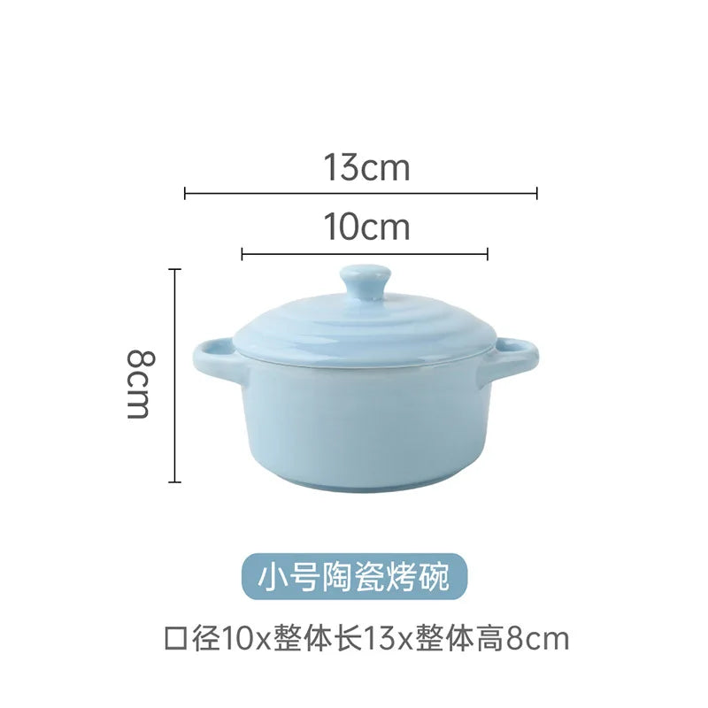 1Pc Small Ceramic Double Ear Bowl - Oven Safe for Steamed Egg Custard, Household Stew Soup, Pudding Baking & Stewing Pot Oasis Select Blue-S