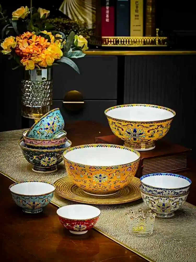 Bone China Dining Bowl Enamel Colored Chinese High Footed Rice Noodles Soup Bowl Tablewear Oasis Select