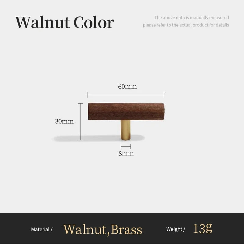 Nordic Walnut Wood Handle T Bar Drawer Knobs Cupboard Long Pulls Kitchen Cabinet Door Handle Furniture Decorate Pulls and Knob Oasis Select A6-60mm