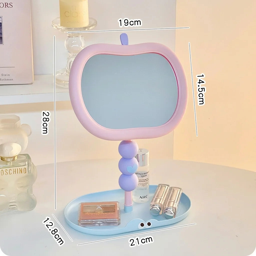 Cute Apple-Shaped Tabletop Vanity Makeup Mirror, HD Clear Adjustable Rotating Mirror With Storage Tray For Dorm Bedroom Oasis Select Pink Blue