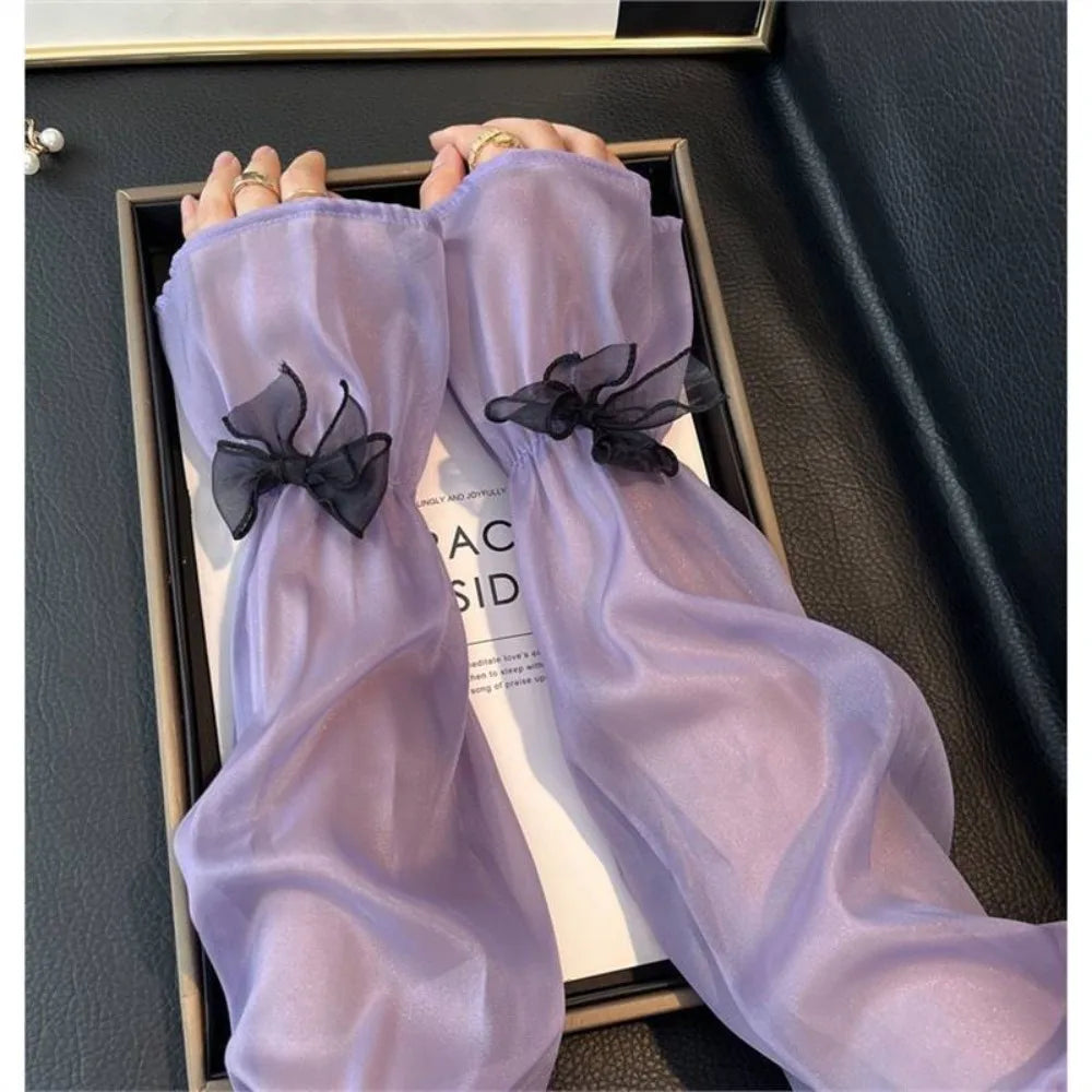 Ice Silk Women's Sun Protection Sleeves Bow Decor Loose Fit Arm Sleeve UV Protection Fairy Style Ice Sleeves Summer Outdoor Oasis Select Purple