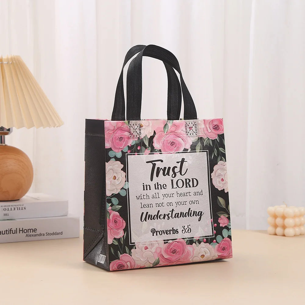 8/16/32pcs Floral Bible Tote Bag - For Christian Baptism, Non Woven Bag, Reusable Tote Bag, Baptism, Wedding Birthday, Inspiring Oasis Select