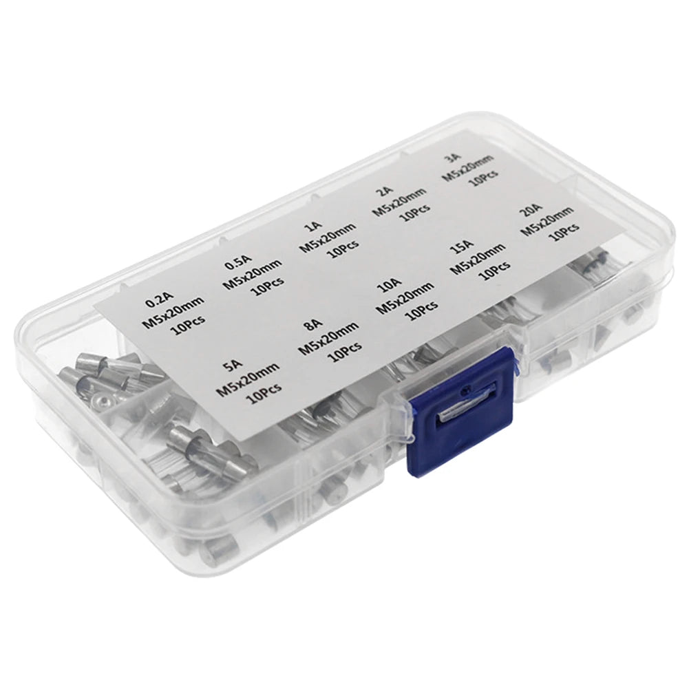 100-Piece Glass Tube Fuse Kit 0.2A–20A 250V Fast-Blow 5×20mm Glass Tube Fuse Kit Oasis Select