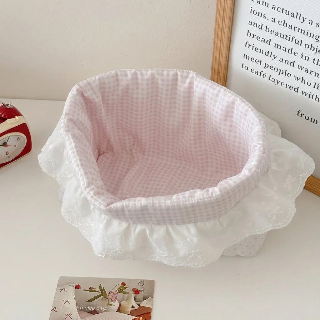 Cotton Fabric Storage Basket Polka Dot Lace Ruffle Cute Desktop Organizer for Sundries Snacks Home Storage Organization Oasis Select pink