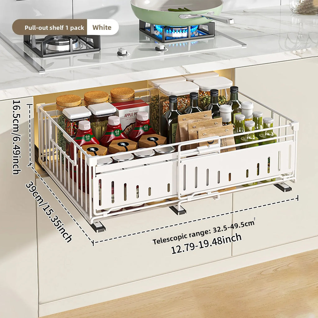 Kitchen telescopic drawer pull basket foldable pull-out rack wardrobe multi-functional storage rack cabinet layered rack Oasis Select White 1 piece set