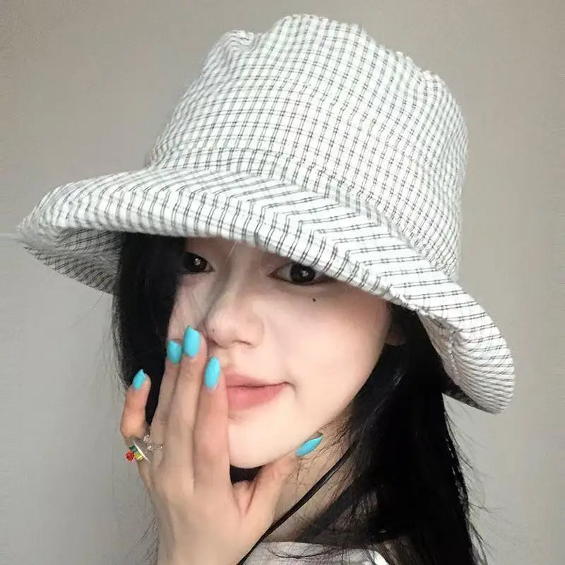 Womens Plaid Fisherman Cap Summer Rolled Edge Bow Bucket Hat Breathable UV Shield Sun Cap for Beach Holiday Travel Oasis Select B