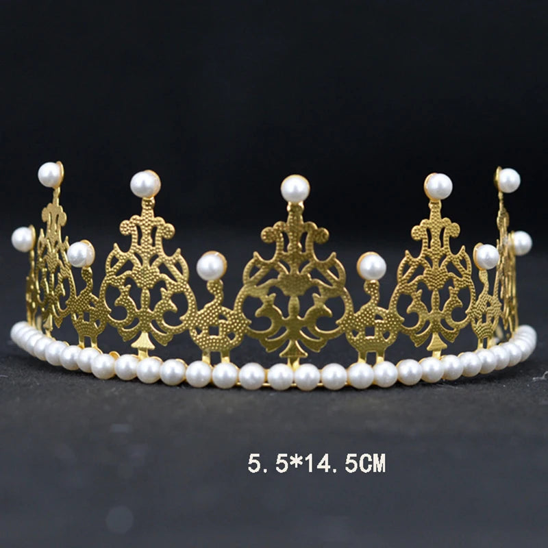 1Pc Pearl Crown Half Crown Cake Decoration Crown Flower Ornaments Children's Hair Ornaments Korean Iron Sheet Pearl Crown Oasis Select Gold