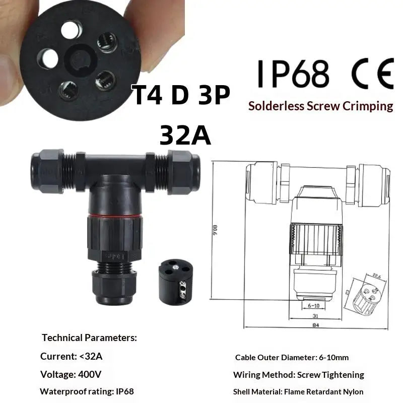 1Pc Quick Screw Push-in Terminal, IP68 Waterproof T-Type Electrical Connector 2/3/4/5 Pin, Wiring Harness Junction Box Connector Oasis Select T4 D 3PIN 32A