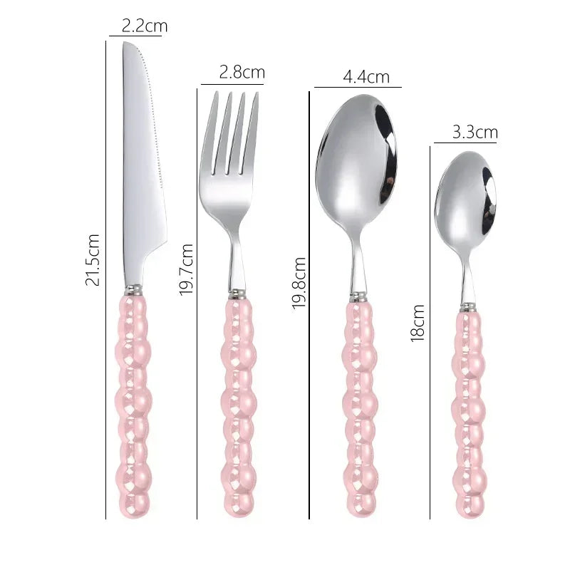 4Pcs/Set Luxury Ceramic Pearl Handle Cutlery Set Knife Fork Spoon Creative Cute Soup Spoon Western Food Steak Knife Spoon Fork Oasis Select Pink-4pcs