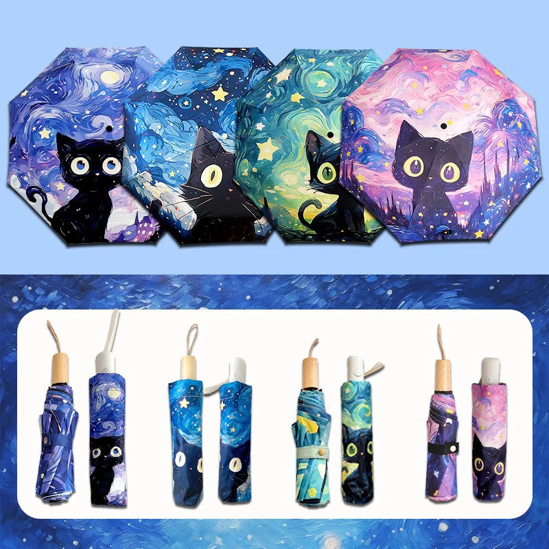 Blue Green Purple Powder Cat Cartoon Fold Umbrella Fully Automatic Umbrella Women's Dual-Purpose Sun Umbrella Portable Umbrella Oasis Select