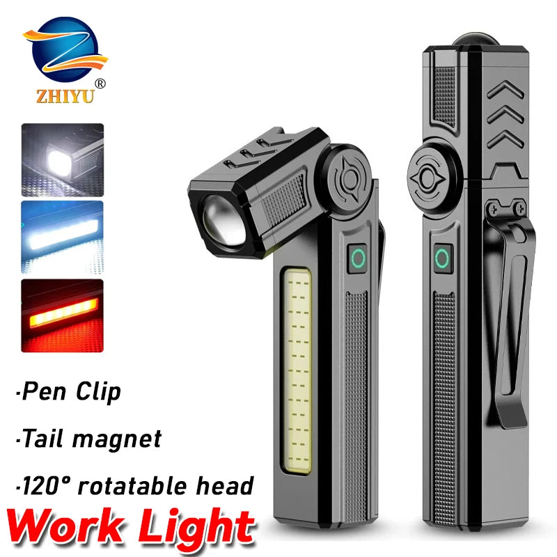 New Portable COB LED Flashlight USB Rechargeable Work Light Magnetic Lanterna Pen Clip Lamp with Built-in Battery Camping Torch Oasis Select