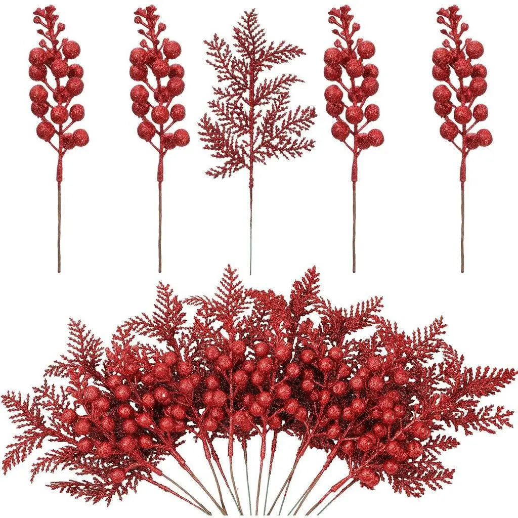 5Pcs Christmas Decoration Glitter Berrie Artificial Flower Bouquet Christmas Tree Ornaments for Home New Year 2025 Navidad Decor Oasis Select red