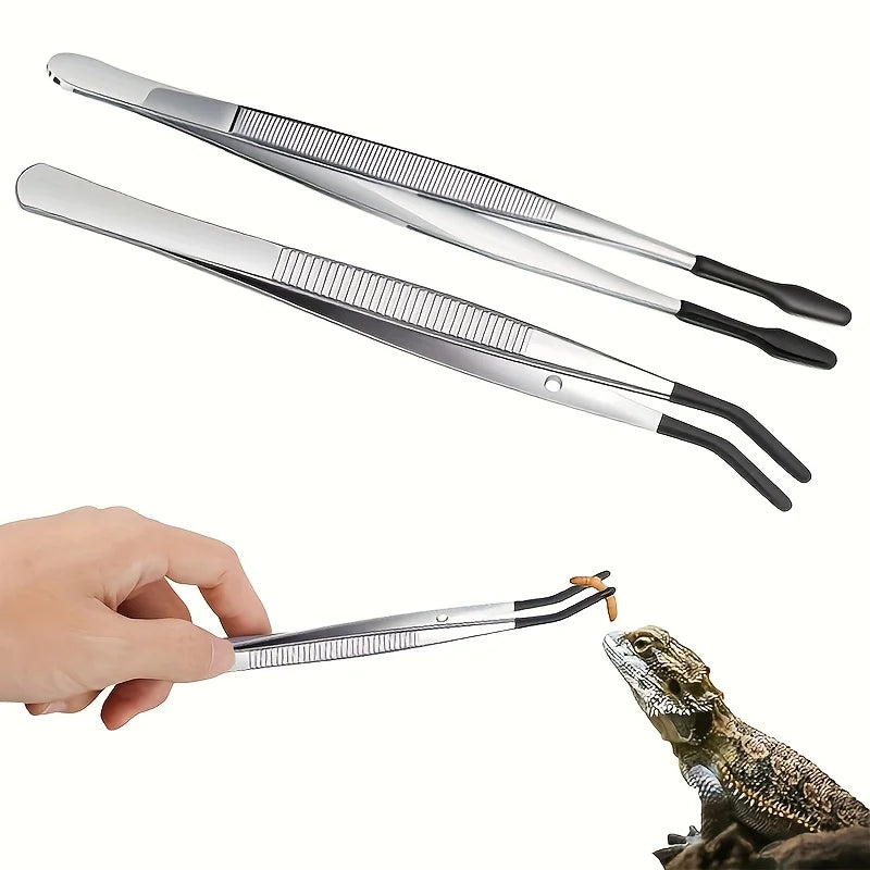 1pc Stainless Steel Reptile Feeding Tongs with Rubber Tips 10.6” Flat Curved Long Tweezers for Bearded Dragons Snakes Aquariums Oasis Select