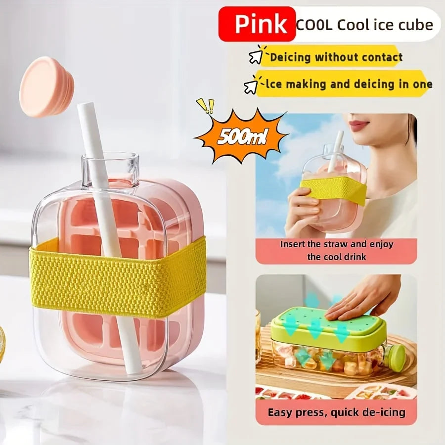 2-in-1 Ice Cube Tray Water Bottle with Press-to-Release Silicone Tray & Built in Bin Freezer-Safe Reusable Plastic with Straw Oasis Select Pink 500ML 2 PCS