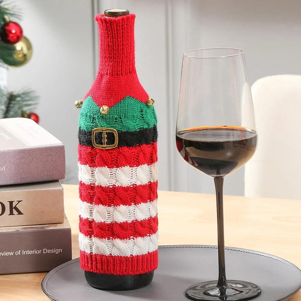New Christmas decorations Knitted striped creative wine bottle sleeve Kitchen restaurant wine bottle dress up gift bag Oasis Select A