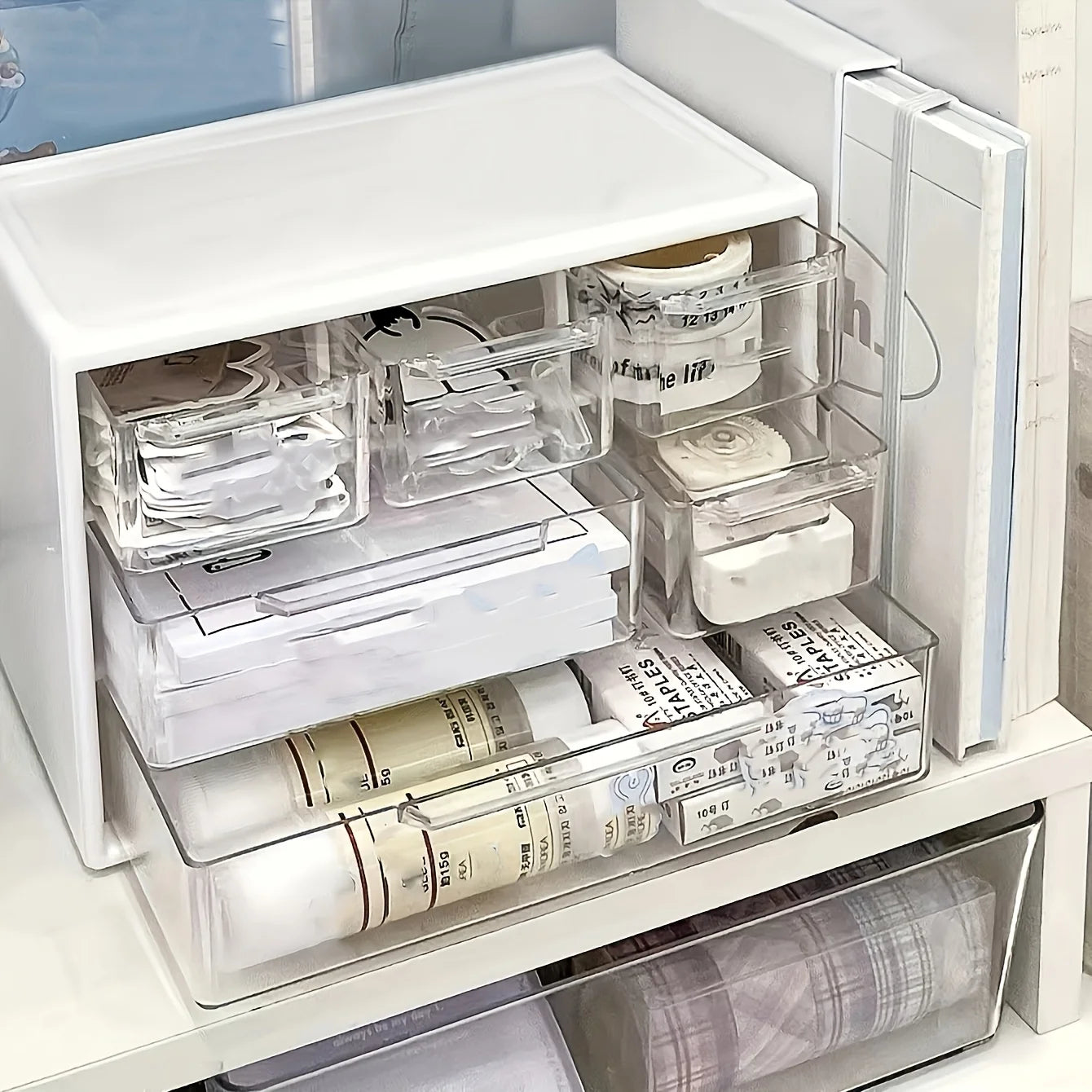 1pc Large Capacity Multi-Functional Plastic Desktop Organizer with Drawer for Office Supplies, Stationery, Dorm Storage Oasis Select