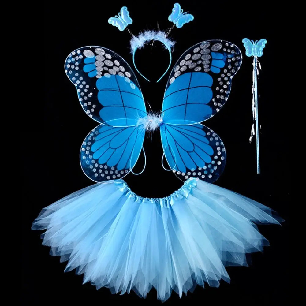 Simulation Butterfly Wings Pointed Tutu Skirt Headband Wand Adult Kids 3/4Pcs Fairy Costume Set Princess Girls Party Gift Oasis Select Blue-4 pcs-set