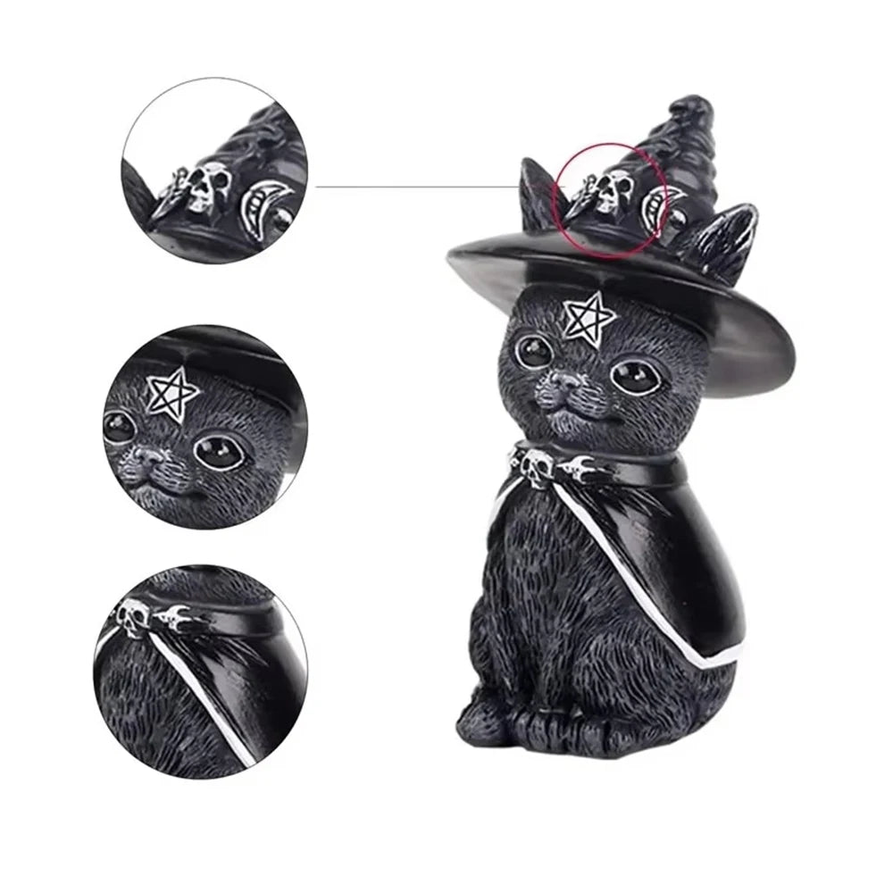 Black Cat Witch Figurine | Hand-Painted Halloween Desk Ornament