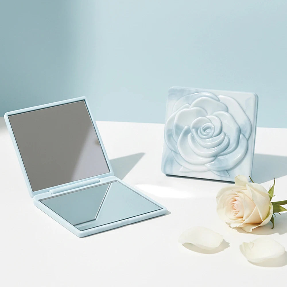 7cm Square Rose Mirror with Storage Bag Lady Portable Handheld Folding Mirror Dressing Table Makeup Accessories Oasis Select Sky Blue