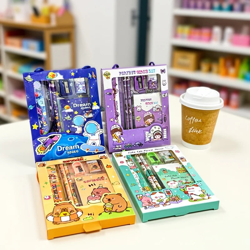6Pcs/Set Cartoon Capybara Pencil Stationery Set Kawaii Eraser Pencil Sharpener Children Student Stationery Supplies Oasis Select