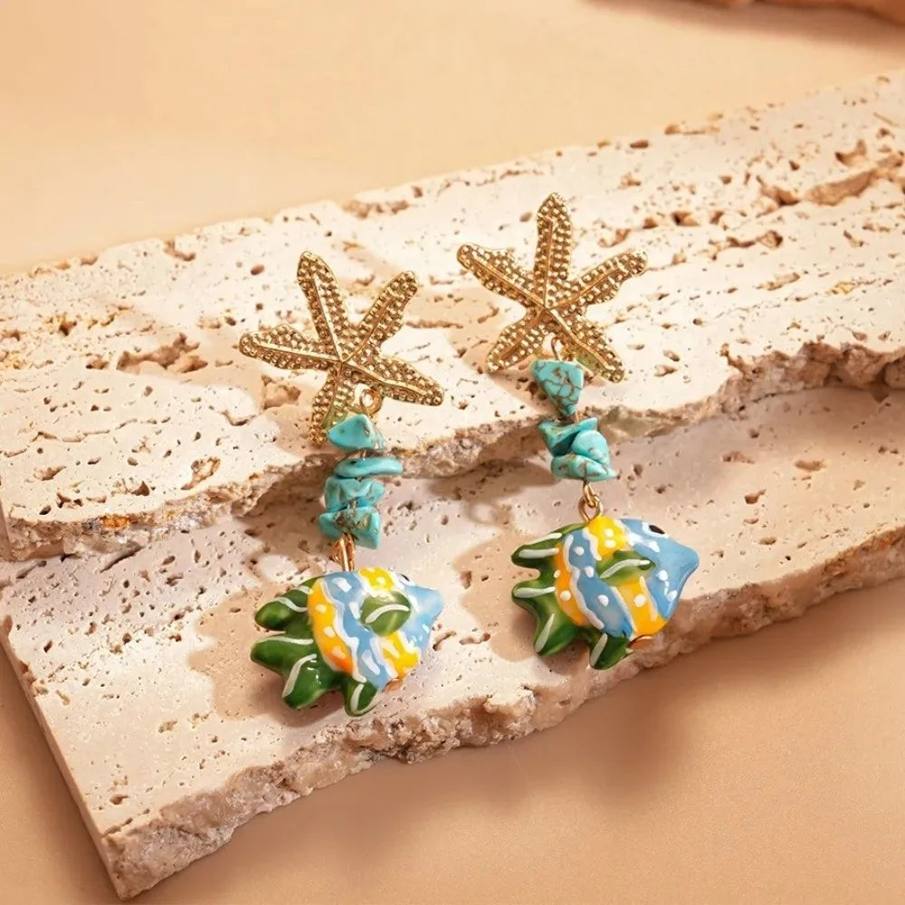 Funny Beaded Fish Drop Earrings Glass Ocean Style Starfish Stud Earrings Unique Glaze Summer Jewelry Gifts for Women Oasis Select