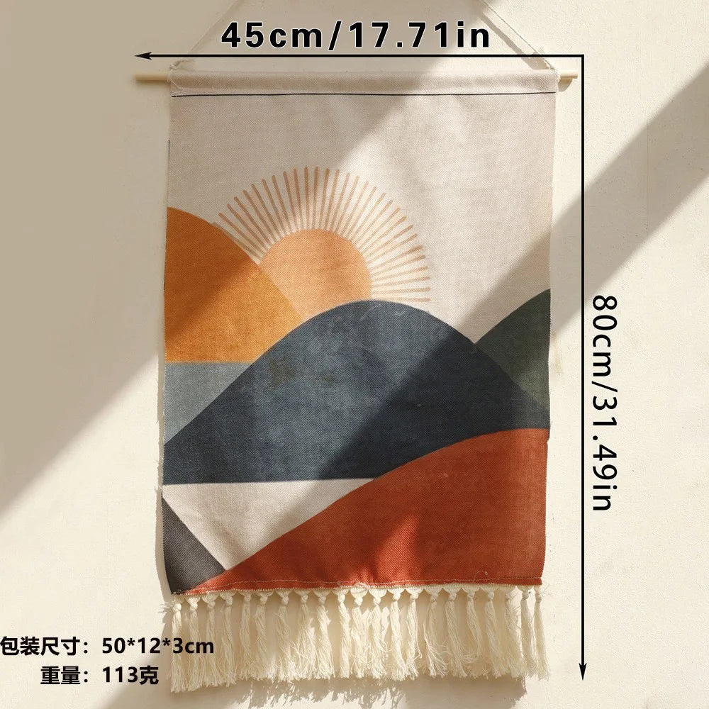 Hand-woven Sunrise and Sunset Print Tassel Tapestry Simple Studio Bedroom Living Room Background Hanging Cloth Oasis Select Ms8488