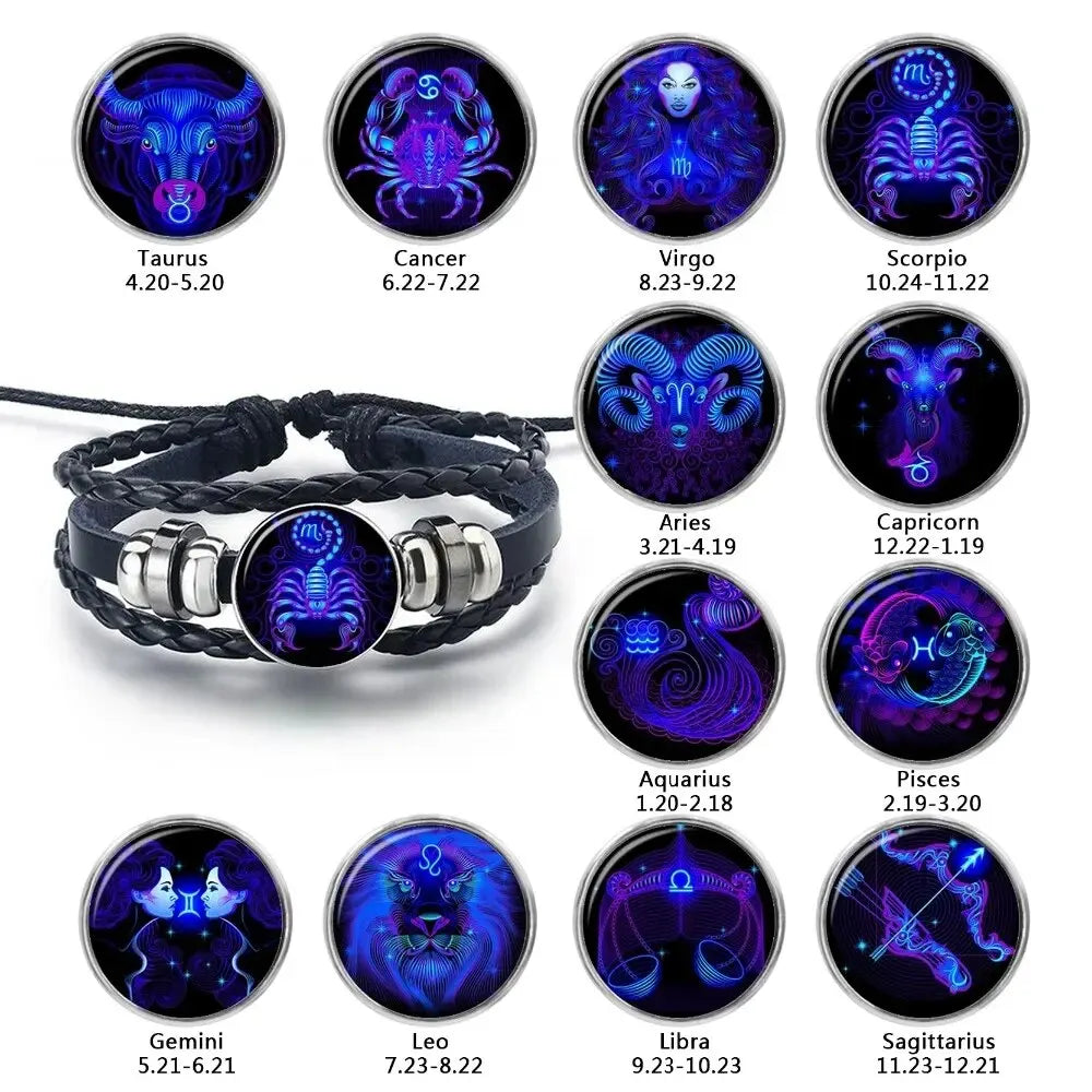 Zodiac Constellation Leather Bracelet – Glass Dome Charm Unisex