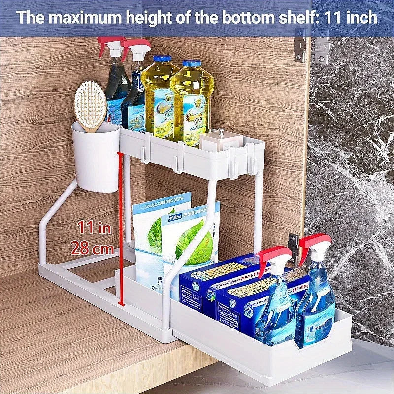 Bathroom & Kitchen Multi-Layer Pull-Out Storage Rack - Clutter Organizer for Sink Area & Seasonings Oasis Select WHITE