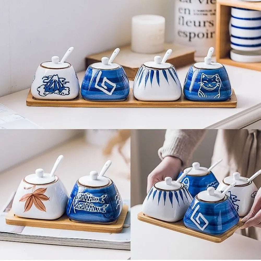 Japanese Seasoning Box, 300ml Bottle Pot Ceramic Chinese Antique Seasoning Salt Set Kitchen Lard Pepper Pot Oil Tank Household Oasis Select