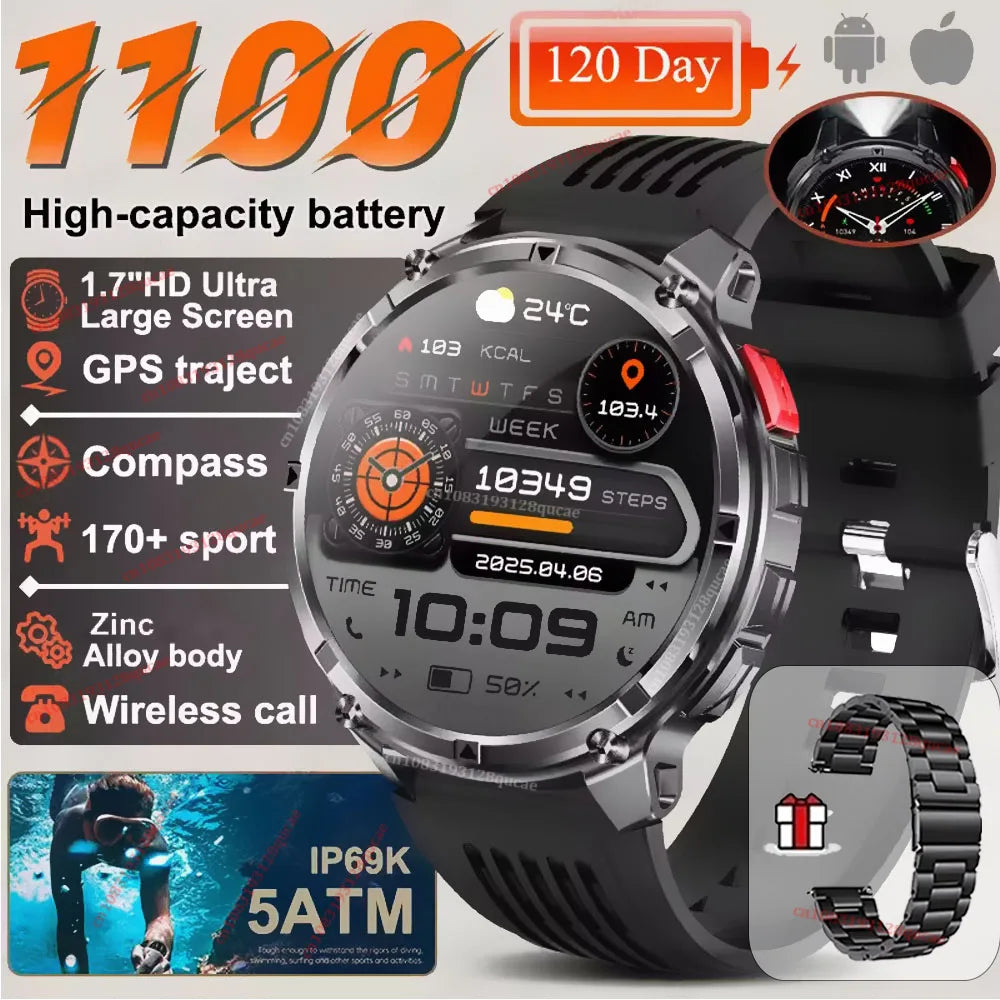 Ola Esporte Military Smartwatch 1.7" AMOLED GPS LED Flashlight