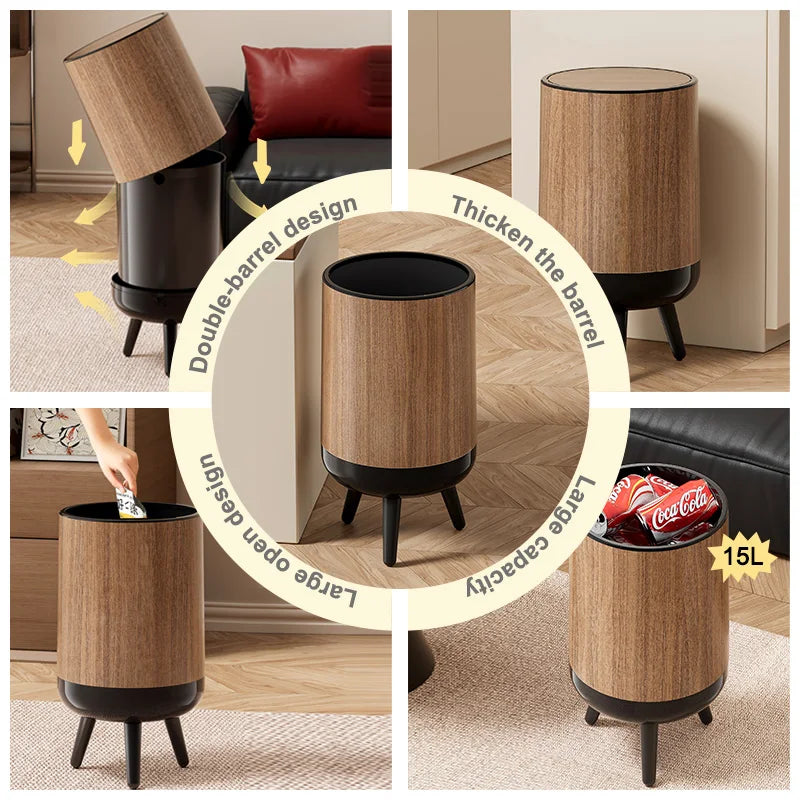 Wood-grain trash can, classical-style trash can with feet, clamshell non-bending trash can, suitable for living room, kitchen, Oasis Select