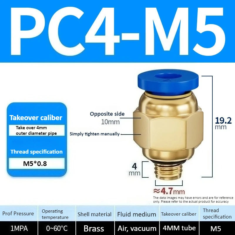 Copper Pneumatic Quick Plug Quick Connector 1/4 "1/8" 3/8 1/2 Thread PC 4mm 6mm 8mm Straight Hose Connector Pipe Oasis Select PC4-M5 Blue
