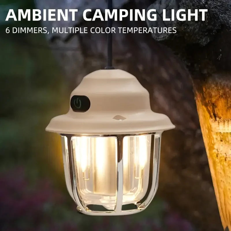 LED Camping Lamp 1200mAh Retro Hanging Tent Lamp 2700K/6500K Emergency Light Lantern IPX4 Waterproof Type C Charging for Outdoor Oasis Select