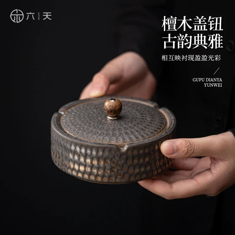 Ceramic Ashtray with Cover Home Office Creative Living Room Chinese Fly Ash Proof Ceramic Ashtray Oasis Select