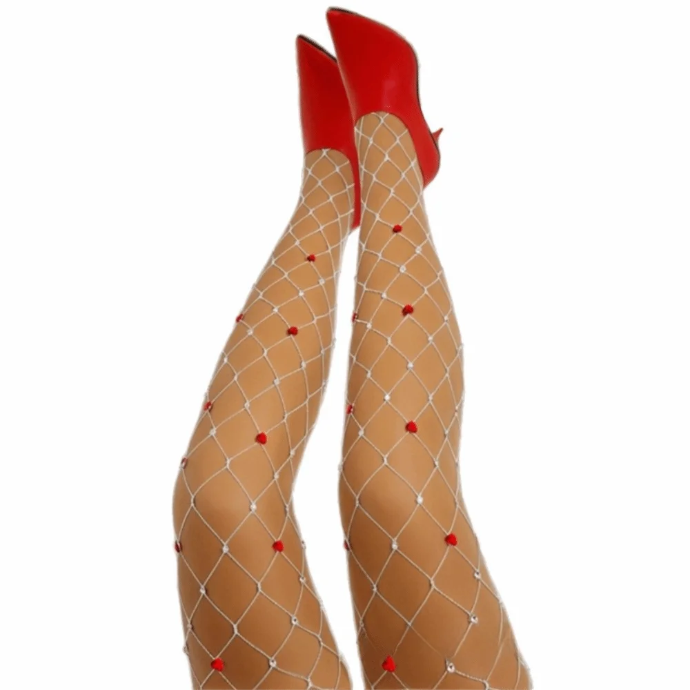 Hollow Out Rhinestone Pantyhose Thin Diamond Heart Patterned Fishnet Stockings Sparkling Larger Mesh Glitter Tights Oasis Select