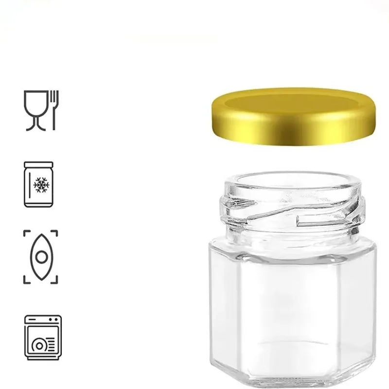 45ml Hexagonal Mini Glass Honey Jar with Wood Dipper Bee Pendants and Jutes Yogurt Pudding Glass Bottle Suitable for Party Gifts Oasis Select
